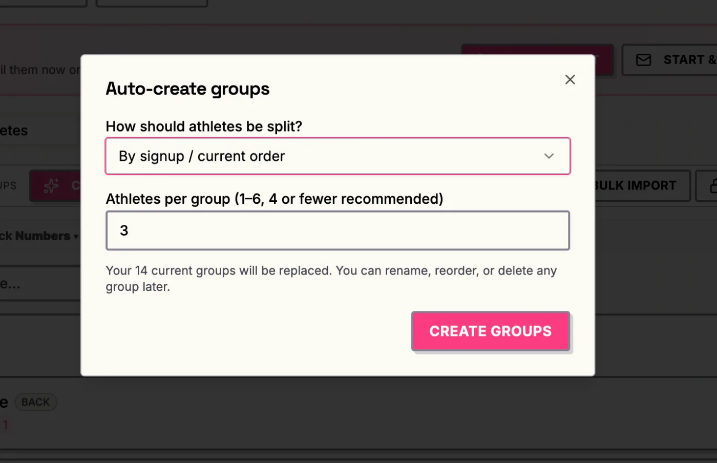 Auto-create groups dialog with athletes per group selector.