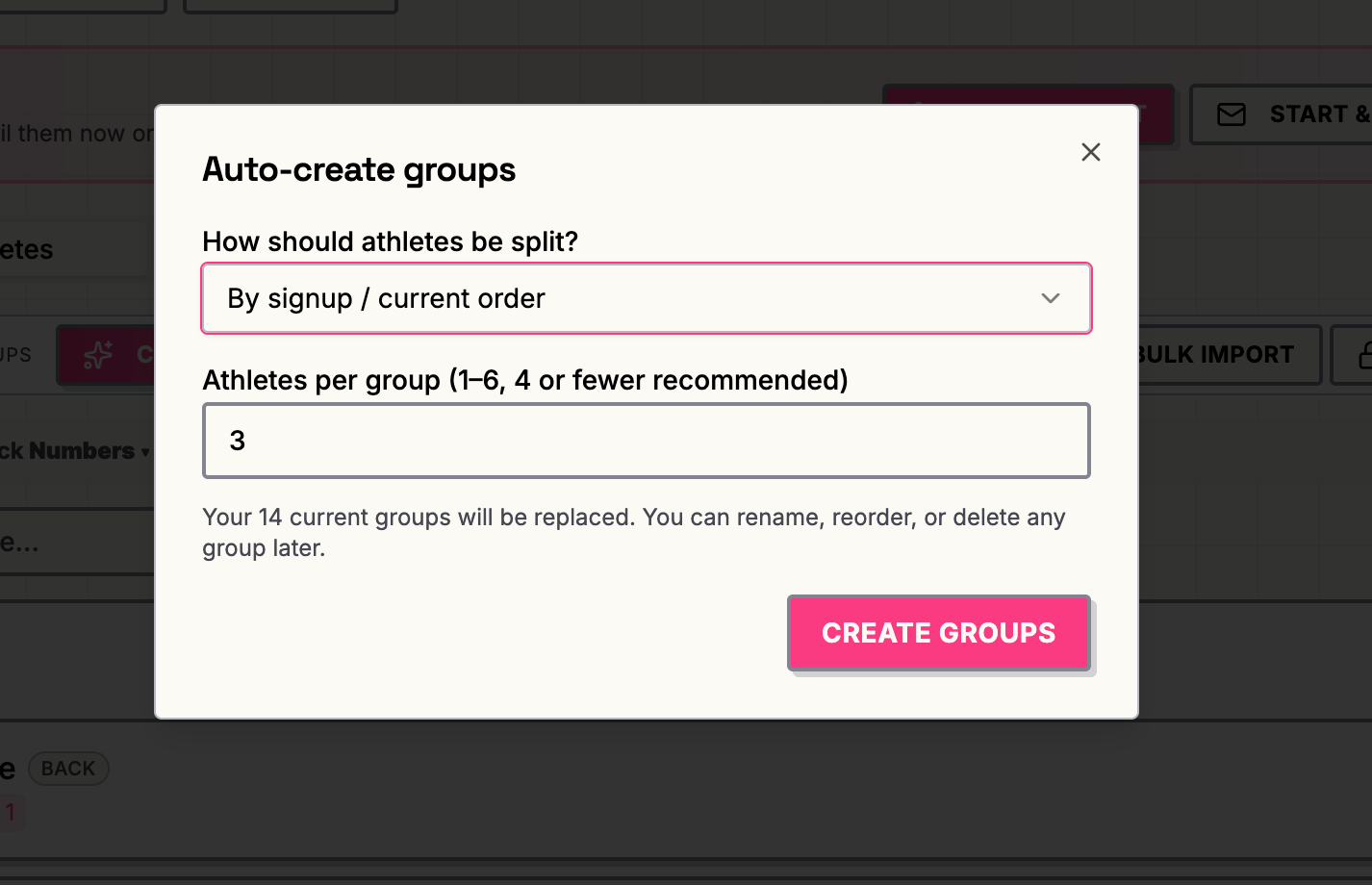 Auto-create groups dialog with athletes per group selector.