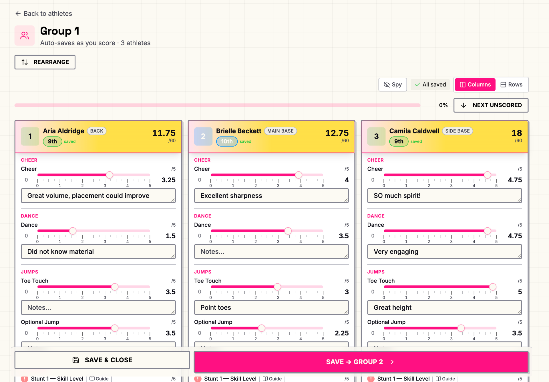 Tryout Tracker group judging view showing an athlete card with category sliders and auto-save status.