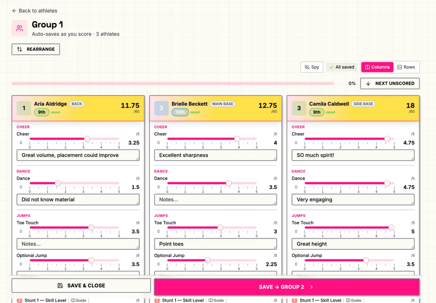 Tryout Tracker group judging view showing an athlete card with category sliders and auto-save status.