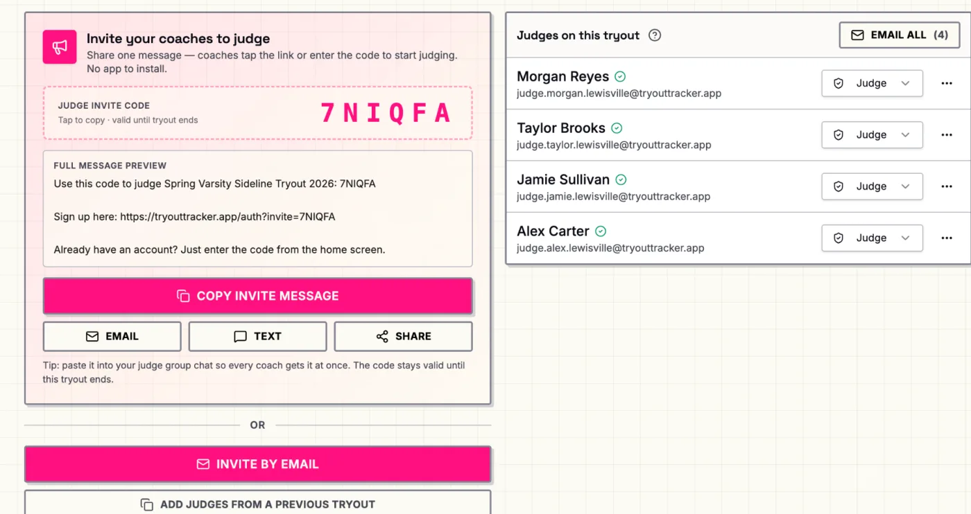 Invite your coaches to judge - share one code or link, with active judges listed alongside.