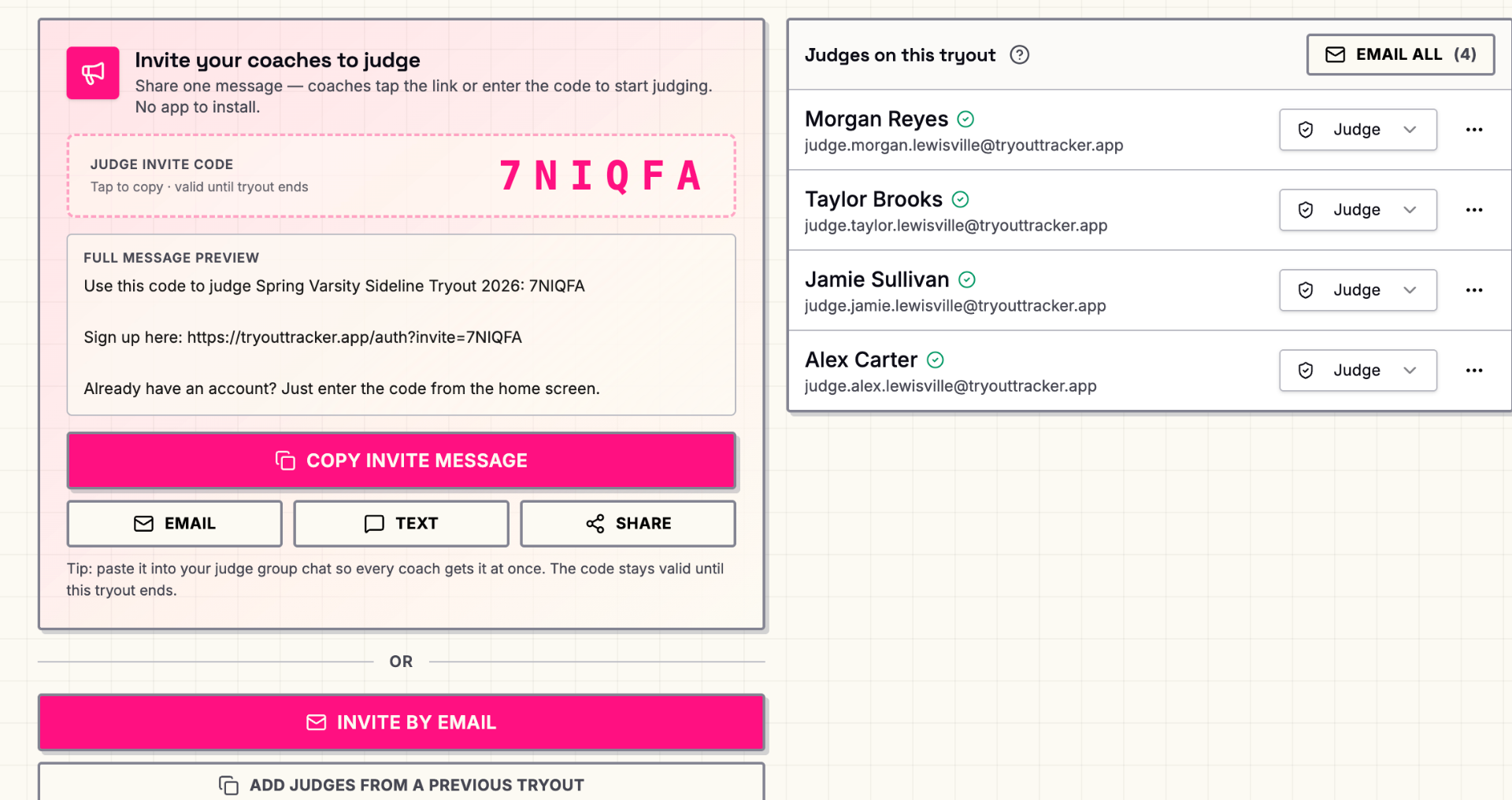Invite your coaches to judge — share one code or link, with active judges listed alongside.