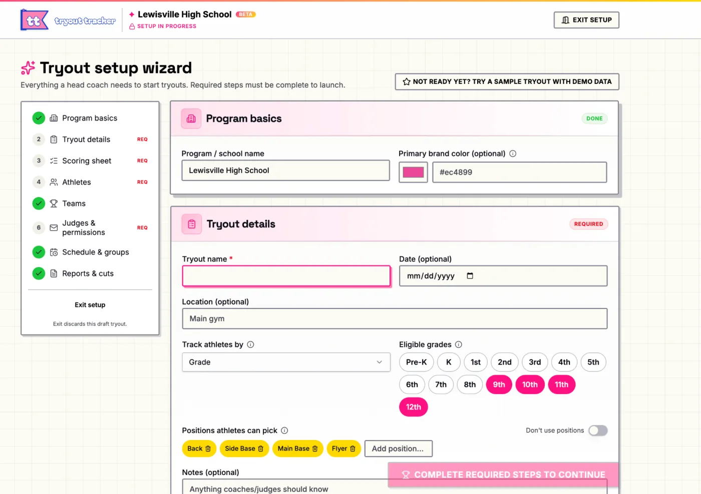 Tryout setup wizard showing program basics, tryout details, eligible grades, and positions.