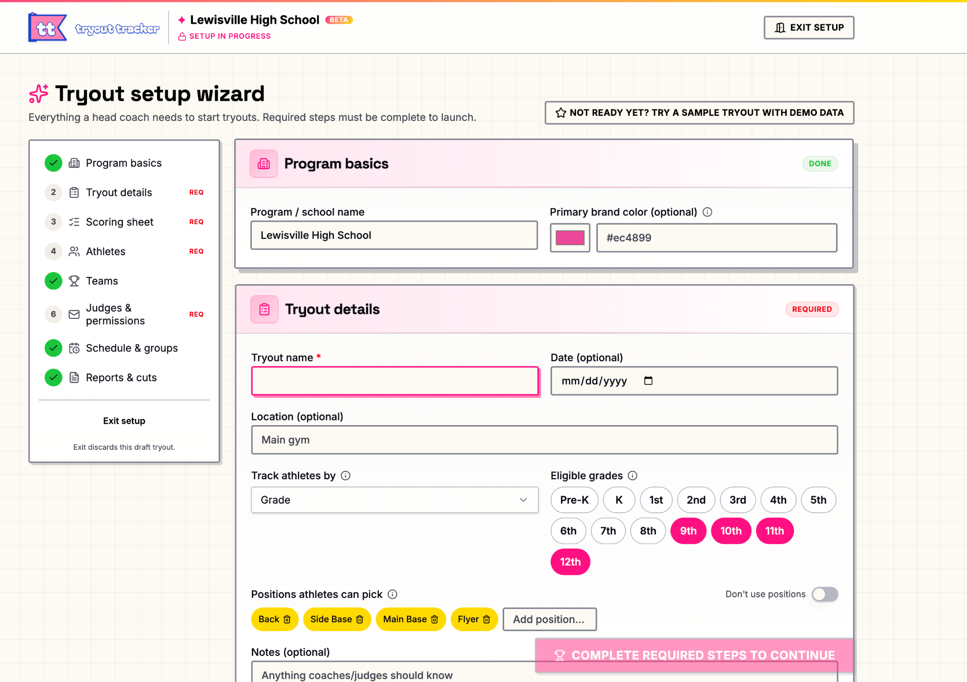 Tryout setup wizard showing program basics, tryout details, eligible grades, and positions.