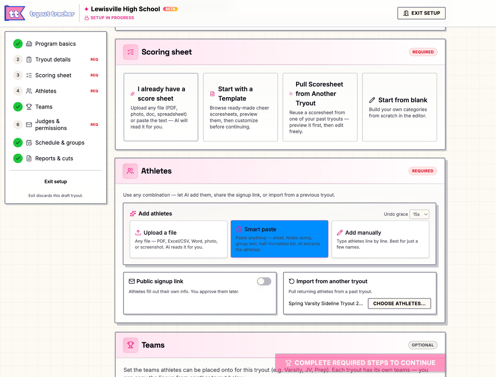 Wizard scoresheet step with options to upload, use a template, pull from another tryout, or start from blank — plus athlete add options.