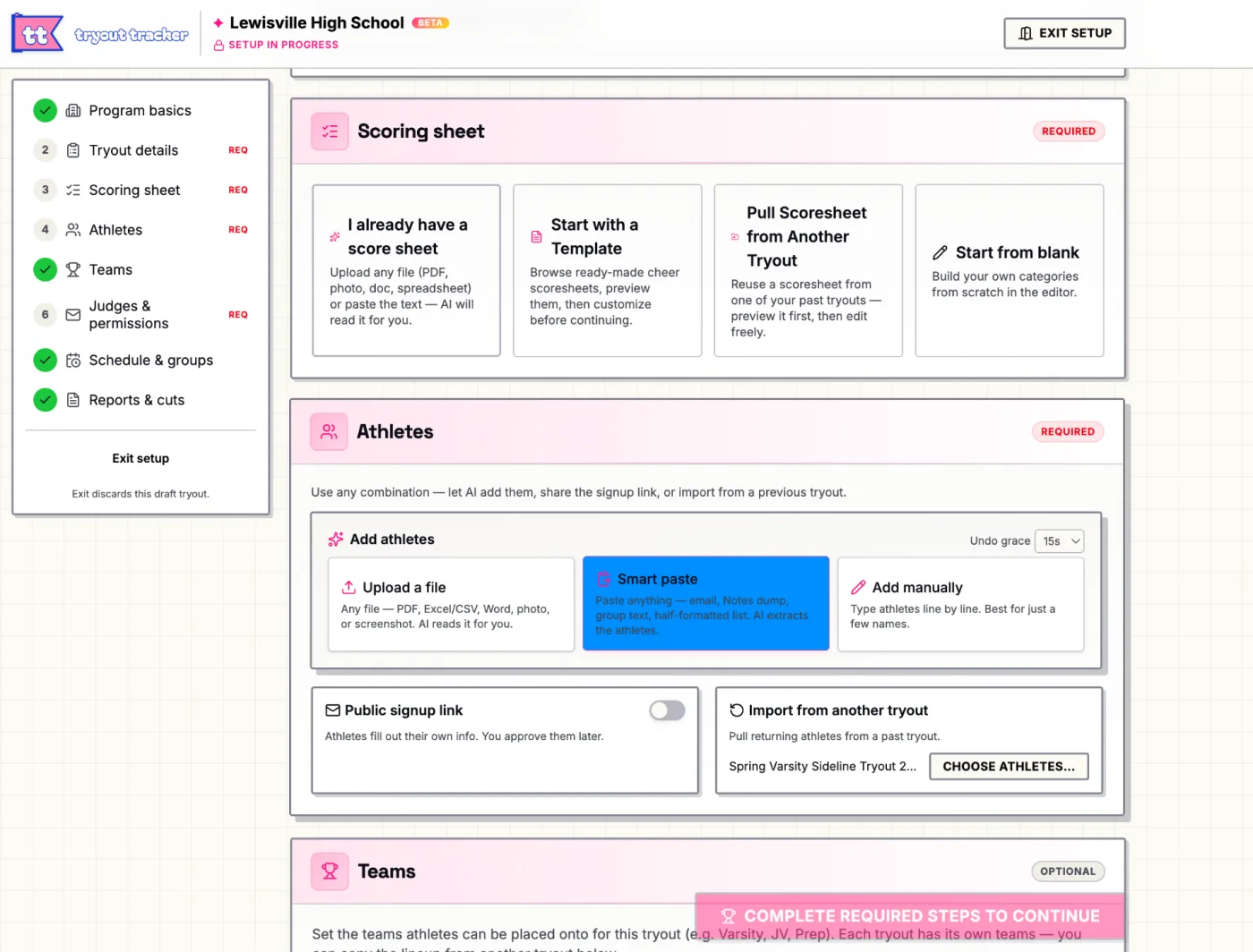 Wizard scoresheet step with options to upload, use a template, pull from another tryout, or start from blank - plus athlete add options.
